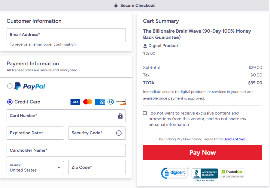 Billionaire Brain Wave Checkout Page